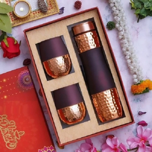 Top Copper Water Bottle with Two Glass Hammered Design For Hydration Yoga & Ayurveda Inspired Drinkware Bottle With Packaging - Product Image 1
