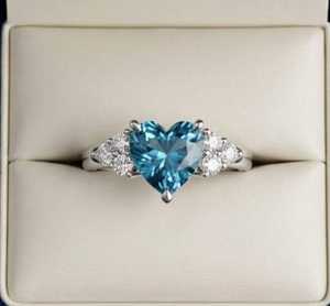 Bague pour amoureux avec pierre précieuse de couleur aquamarine, coupe en forme de cœur, 2 carats, classique, en argent 925, pour femme, cadeau de demande en mariage - Product Image 1