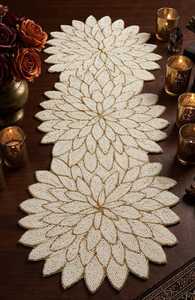 Handmade Knitted Beaded <b>Table</b> <b>Runner</b> Ivory Gold Solid Stripe Pattern Elegant Polyester Cotton Home Decoration - Product Image 4