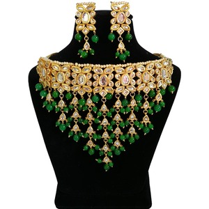 Indian Classic Women's Choker Wedding Engagement Anniversary Party Green Traditional Crystal Kundan Faux Pearl Alloy Gold <b>Gift</b> - Product Image 1
