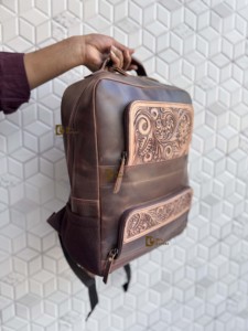 Western Pattern Genuine Hand <b>Tooled</b> Carving Leather Stylish <b>Backpack</b> School Bags Unisex Beautiful Designer Bag Multi Use Bag - Product Image 2