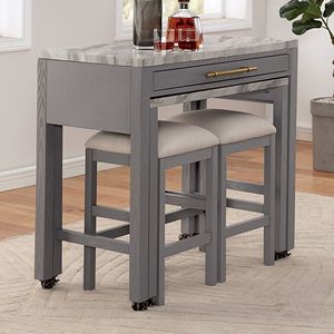 Tavolo da Pranzo Alto con Piano in Finto Marmo Grigio Chiaro e Tavolo Nido per Arredamento Sala da Pranzo - Product Image 1