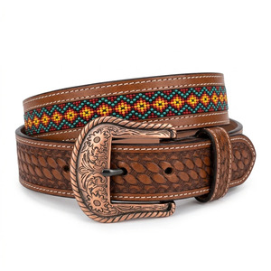 <b>Mens</b> Brown <b>Western</b> Leather <b>Belt</b> Beaded Embossed Cowboy Waist <b>Belt</b> Engraved Buckle Wholesale Custom Supplier for Jeans Wear Daily - Product Image 6
