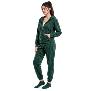 Conjunto de chándal de mujer de peso pesado con lavado ácido, verde liso, con capucha y cremallera, sudadera de manga larga y pantalones jogger, atuendo casual - Product Image 6