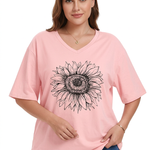 เสื้อยืดคอวีไซส์ใหญ่พิเศษสำหรับผู้หญิง ลายดอกทานตะวันสีชมพู แขนสั้น สวมใส่สบาย ทรงหลวม ผ้าเจอร์ซีย์คอตตอน ผลิตในบังกลาเทศ - Product Image 6