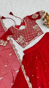Ensemble kurta indien pakistanais brodé rouge avec dupatta en faux georgette, tenue ethnique pour mariage et fêtes, pour femmes - Product Image 2