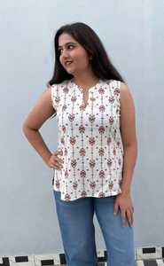 Blusa Corta sin Mangas con Estampado Floral Étnico para Mujer, Ajuste Holgado Informal, Viscosa y Rayón, para Uso Diario en Verano, Blanca y Marrón - Product Image 1