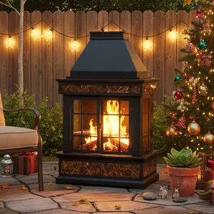 Chimenea de hierro para exteriores con cubierta para lluvia y pica para leña, 56.5 pulgadas de alto, para calefacción de patio con leña - Product Image 1