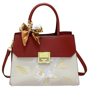 Sac fourre-tout décontracté de luxe pour femme en cuir PU de style chinois de haute qualité avec broderie de lotus, fermeture éclair et bandoulière - Product Image 1