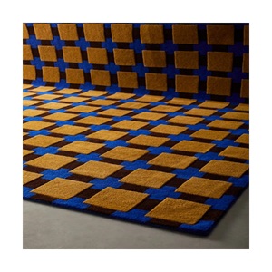 Modern Blue Gold Checkered Area Rug Geometric Pattern Handtufted Carpet Contemporary Bold Design Living Room Bedroom <b>Floor</b> Decor - Product Image 6