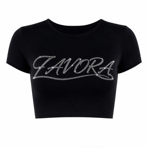 High Quality Slim Fit Crop <b>Top</b> Custom Letter Print Rhinestones Summer Workout Shorts Logo Decorated with Diamonds Women's Shirts - Product Image 1