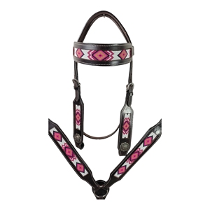 Conjunto de cabezada y pechopetral de cuero estilo western para caballo con cuerda de guía, costuras de diamante rosa y cierre de hebilla ajustable - Product Image 3