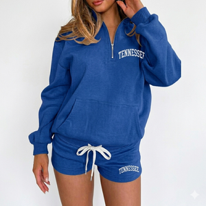 Ensemble short 2 pièces pour femme, demi-zip, décontracté, athleisure moderne, quotidien, 100% coton molletonné, uni, imperméable, écologique - Product Image 2