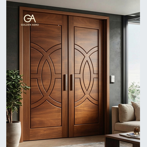 Puerta de Doble Hoja de Madera Maciza de Lujo GA-43L con Diseño de Ranuras Circulares para Casa, Grano de Madera Natural - Product Image 3