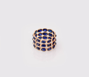 Natural Blue Sapphire Triple-<b>Row</b> Statement Ring in Solid 18K Yellow Gold – Wide Triple-Band Bezel Set Ring September Birthstone - Product Image 1