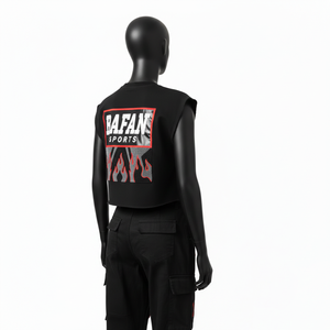 ชุดเซ็ตเสื้อครอปแขนกุดผ้าคอตตอนโพลีเอสเตอร์เทอร์รี่สีดำพร้อมกางเกงเลกกิ้งลายพิมพ์โลโก้ที่กระเป๋าแบบคาร์โก้สำหรับผู้หญิง - Product Image 2