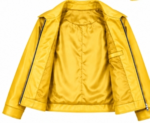 Chaqueta Corta de Cuero Genuino Amarillo para Mujer, Estilo Motero, con Cuello Camisero y Cierre de Cremallera - Product Image 6
