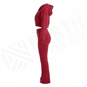 Women Red Hooded <b>Zipper</b> Crop <b>Top</b> & Full Length Sweatpants Tracksuit Set Casual Solid Color Autumn Wear - Product Image 3