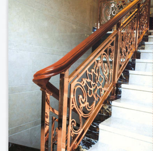 Luxury Rose Gold Stair Railing with Ornate Floral Design Wooden <b>Handrail</b> and Marble <b>Steps</b> for Modern Home Interior - Product Image 2