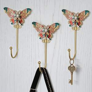 Crochets muraux décoratifs en métal, lot de 3, design toucan, paon, papillon et fleur, pour l'intérieur et l'extérieur - Product Image 1