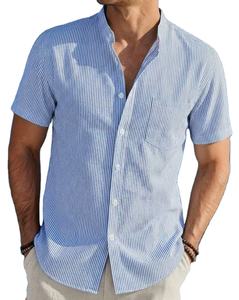 Camisa a Rayas de Verano 2025 para Hombre, Manga Corta, Cuello Alto, Transpirable, Casual, Holgada, Estiliza, para Vacaciones en la Playa, 100% Poliéster, de Secado Rápido - Product Image 1