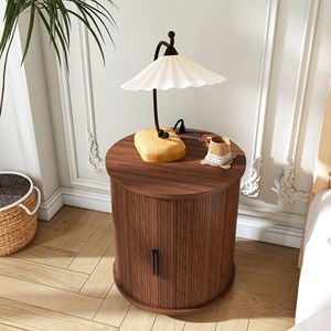 Comodino Moderno Stile Mid-Century con 2 Ripiani, Tavolino Cilindrico con Stazione di Ricarica Integrata, Porta Scorrevole USB per Appartamenti - Product Image 2