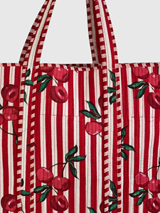 Sac fourre-tout en toile brodé cerises rayé rouge et blanc, sac de shopping pour femme à fermeture ouverte, toutes saisons - Product Image 5
