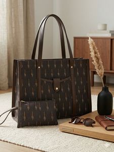 Sac fourre-tout marron à motifs pour femme avec pochette, sac à bandoulière structuré pour le quotidien, les courses et les voyages - Product Image 1
