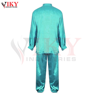 Ensemble haut à manches longues et pantalon en satin soyeux léger avec boutons grenouillère, tenue d'arts martiaux en satin bleu cyan, vente en gros d'usine - Product Image 2