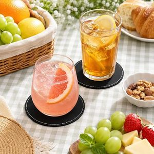 Set of 6 Black Leather Coasters 4 Inch Round Non‑Slip Drink Coasters for Table & <b>Desk</b> Spill Protection for Coffee Cups Coaster - Product Image 5