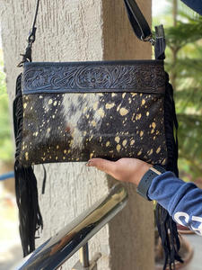 Hand Tooled Metallic Cowhide Fur Leather Fringe Handbag Stylish Women Color Tooled Leather Sling <b>Bag</b> Ideal Size <b>Cross</b> <b>Body</b> <b>Bags</b> - Product Image 2