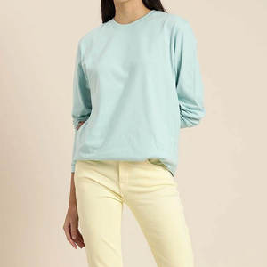T-shirt à manches longues et col rond pour femme, bleu clair, 100% coton, coupe ample, couleur unie, anti-boulochage, logo, à porter toute l'année - Product Image 4