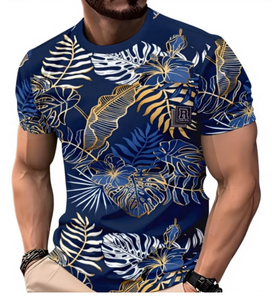 T-shirt à manches courtes pour hommes, imprimé floral bleu, coupe régulière, col rond, respirant, en polyester, vêtements décontractés, T-shirt graphique décontracté pour hommes - Product Image 1