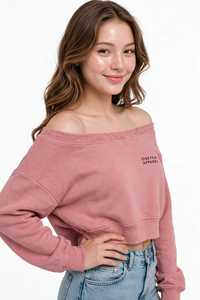 Sudadera corta de hombros caídos para mujer, rosa empolvado, con cuello asimétrico, manga larga, estilo casual, lavado, para invierno, top corto frontal - Product Image 5