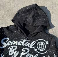 Sweat à capuche zippé OEM en coton 100% lourd, teint en pièce, entièrement orné de strass et de cristaux, coupe oversize, effet scintillant