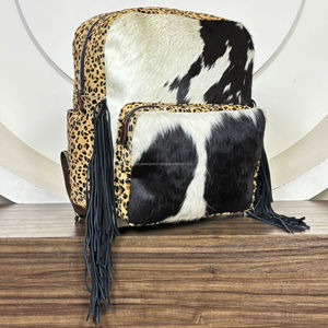 Mochila de Cuero Vacuno Genuino de Alta Calidad Personalizada con Flecos, Estampado de Leopardo, Estilo Boho, Bolsa de Pañales, Bolsas de Viaje Estilo Occidental - Product Image 5