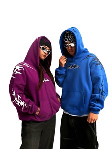 OEM High Quality Winter Cyberpunk <b>Tracksuit</b> Men <b>Women</b> Custom <b>Purple</b> Gradient Print Black Hooded Vintage Washed Loose Sweatsuit - Product Image 4