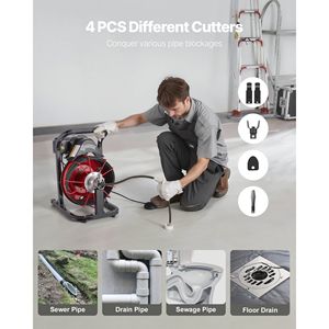 Macchina per la pulizia di scarichi e fognature con alimentazione automatica, 50 FT x 5/16 pollici, con 4 frese e interruttore a pedale ad azionamento pneumatico - Product Image 5