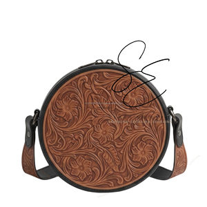 Western Genuine Leather Canteen Crossbody Bag Floral Tooled Round Purse Black <b>Handbag</b> Women - Product Image 2