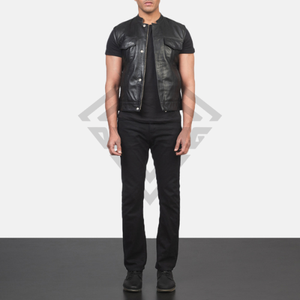 Custom Wholesale Real Leather Waistcoat - Streetwear Fashion Men's <b>Black</b> Leather <b>Vest</b> with Snap Buttons Cheap Price OEM - Product Image 3