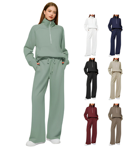 <b>Women</b> <b>White</b> Quarter-Zip Sweatshirt Full Sleeve Loose Fit Solid Color Casual <b>Tracksuit</b> With Drawstring Pants And Side Pockets - Product Image 2