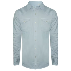 Chemise en jean bleu glace délavé pour homme, en coton lavé, manches longues, col ranch, double rabat, toucher doux - Product Image 1