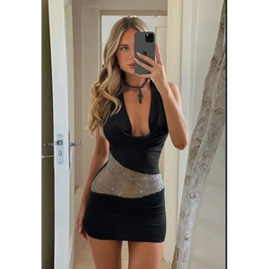 Robe mini noire à col bénitier avec empiècement en maille orné de strass - Product Image 1