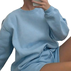 Women's <b>Light</b> Blue 2 Piece Set Short Sleeve Crew <b>Neck</b> Sweatshirt Shorts Casual Regular Fit 100% Cotton Breathable Tracksuit - Product Image 6