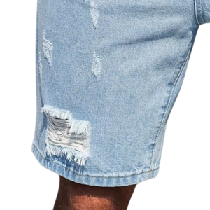 Pantalones Cortos de Mezclilla Transpirables Azul Claro para Hombre, Desgastados, Casuales, de Algodón, Corte Regular, Estilo Urbano de Verano, Lavados, Cinco Bolsillos - Product Image 5