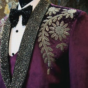 Men’s Purple Velvet Embroidered Tuxedo Blazer with <b>Black</b> Beaded <b>Shawl</b> Lapel | Designer Wedding Party Jacket - Product Image 1