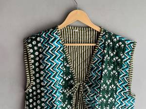 <b>Quilted</b> Cotton Vest With Patchwork <b>Pattern</b> And Floral Pockets V Neck Belt Closure Women's Autumn <b>Jacket</b> GIFT FOR HER - Product Image 4