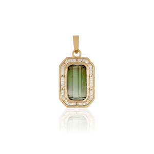 Elegant New Style 13x7mm Baguette Cut Green Tourmaline & Diamond Halo <b>Pendant</b> Customized <b>Solid</b> K14 Yellow <b>Gold</b> Jewelry Supplier - Product Image 6