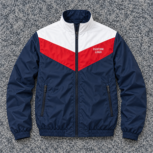 Chaqueta Cortavientos Chevron Azul Marino, Blanca y Roja con Logotipo Bordado Personalizado, Cuello Alto, Cierre Completo, Ropa Deportiva, Proveedor Mayorista - Product Image 3