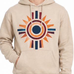 Sweat à capuche léger pour homme, beige clair, avec imprimé graphique abstrait géométrique soleil couchant, pull décontracté - Product Image 2